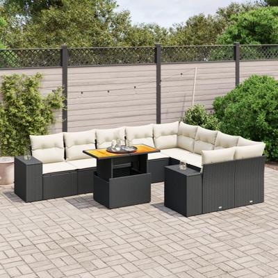 10-delige Loungeset met kussens poly rattan zwart