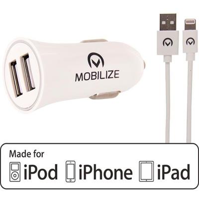 Mobilize Car Charger 2x USB 24W + USB to Apple MFi Lighting Cable 1m. White