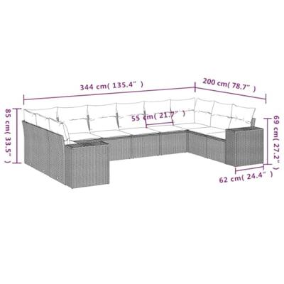 10-delige Loungeset met kussens poly rattan lichtgrijs