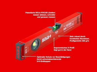 Sola Alu-Waterpas X-profiel BIGX50, 50cm 2 libellen 0,50mm/m rood - 01370701 - 01370701