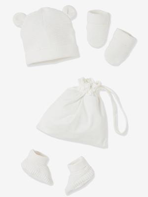 Set babymutsjes, wanten en laarsjes en bijpassend zakje Oeko-Tex® ecru