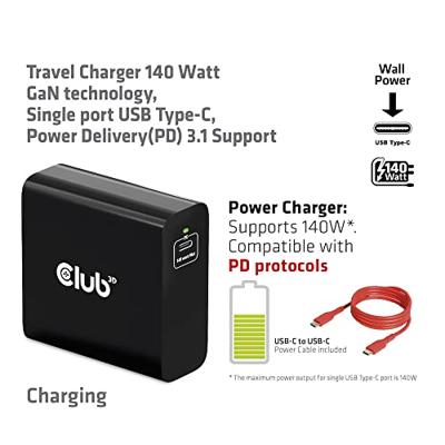 Club 3D Travel Charger 140 Watt GaN technology, Single port USB Type-C oplader