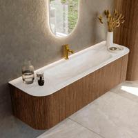 Mondiaz KURVE-DLUX 160 cm Onderkast Greeploos 1 Lade Met Deuren Walnut, Wastafel Solid Surface Midden Ostra 1 Kraangat Zonder Spiegel (KRVBGM160L+R1L2D1KM-Wal/Ost) - thumbnail