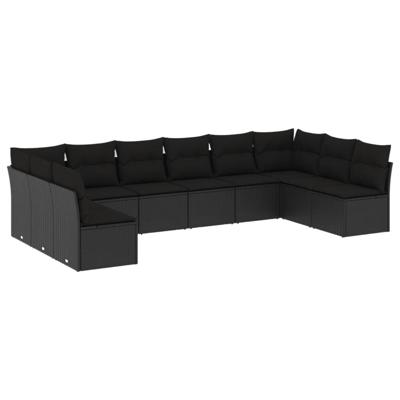 10-delige Loungeset met kussens poly rattan zwart