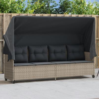 Ligbed met luifel en kussens poly rattanlichtgrijs