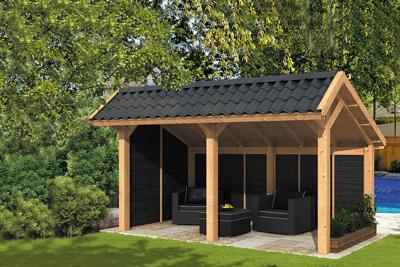 Tuindeco Bergen L Kapschuur type 2 468x306 cm Lariks/Douglashout blank en Zweeds rabat zwart- Kapschuurdak- Onbehandeld lariks Douglas hout- Tuindeco