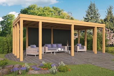 Tuindeco Brammelo overkapping 750x355 cm - Lariks/Douglas blank met rabat wanden zwart gespoten - Bouwpakket- Plat dak- Hout- Tuindeco