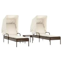 Ligbedden 2 st met luifels en tafel poly rattan bruin - thumbnail