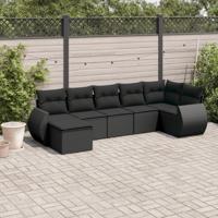 7-delige Loungeset met kussens poly rattan zwart - thumbnail
