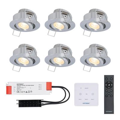Set van 6 Granada LED Mini Inbouwspots met trafo en muurdimmer - 12 Volt 3 Watt 200 lumen - Dimbaar - Kantelbaar - Plat 35mm - 2700K - IP44 - RVS