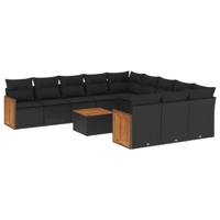 12-delige Loungeset met kussens poly rattan zwart - thumbnail