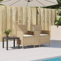 Tuinbank 2-zits met tafel en kussens poly rattan beige - thumbnail
