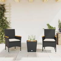 3-delige Bistroset met kussens poly rattan en glas zwart - thumbnail