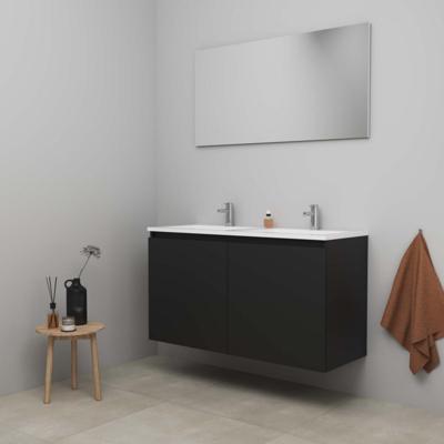 On-Line Badkamermeubelset - 120 cm - Bouwpakket - Greeploos 2 Deuren - Acryl Wastafel - 2 Kraangaten - Spiegel - Mat Zwart