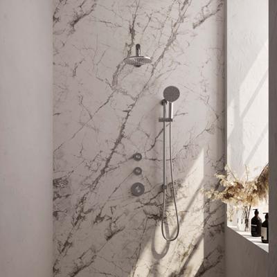 Inbouw regendouche set met thermostaat, 20 cm douchekop, handdouche, doucheslang, en glijstang in geborsteld RVS.