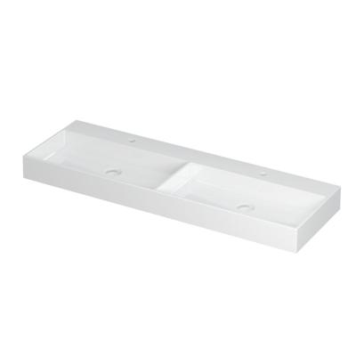 INK United Wastafel Porselein Dubbel met 2 Kraangaten incl. Porseleinen Click Plug en Verborgen Overloop Systeem - 1400x450x110 mm - Glans Wit