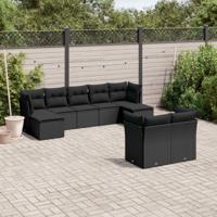 9-delige Loungeset met kussens poly rattan zwart - thumbnail