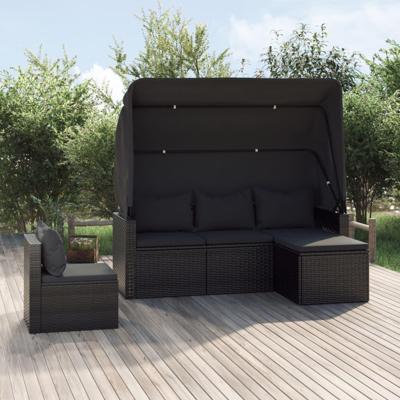 4-delige Loungeset met kussens poly rattan zwart
