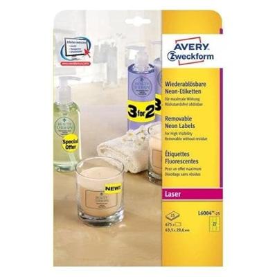 Avery afneembare neon etiketten ft 63,5 x 29,6 mm (b x h), doos van 675 stuks (25 vel van 27), neongeel Avery afneembare neon etiketten ft 63,5 x 29,6 mm (b x h), doos van 675 stuks (25 vel van 27), neongeel