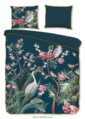Descanso Dekbedovertrek "kraanvogel met bloemen" - Petrol - (240x200/220 cm) - Biologisch Katoen satijn