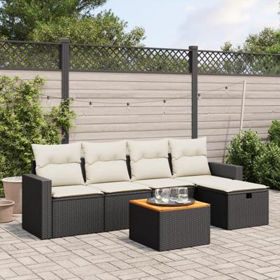 6-delige Loungeset met kussens poly rattan zwart