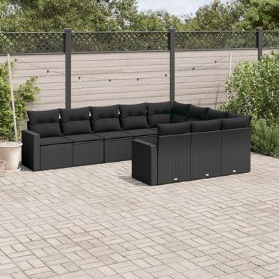 11-delige Loungeset met kussens poly rattan zwart