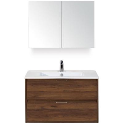 Porto Badmeubelset 90 cm - Walnoot - Keramische Wastafel Wit Slim met Spiegelkast