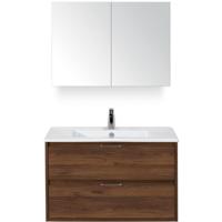 Porto Badmeubelset 90 cm - Walnoot - Keramische Wastafel Wit Slim met Spiegelkast - thumbnail