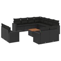 12-delige Loungeset met kussens poly rattan zwart - thumbnail