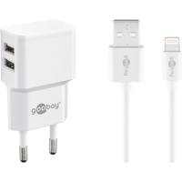 Dual USB-A oplader - USB-A adapter - Apple Lightning oplader - Eurostekker type-C - CEE 7/16 - 12W - 2400mA - 5V - Wit - thumbnail
