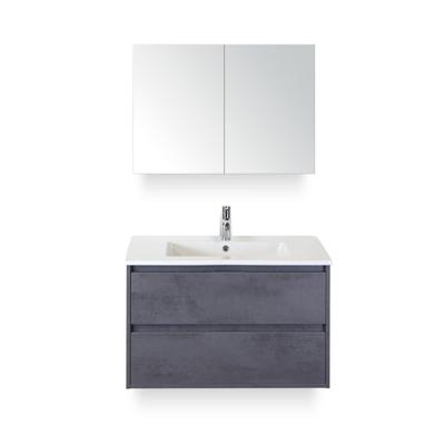 Porto Badmeubelset 90 cm - Beton Antraciet - Keramische Wastafel Wit Slim - met Spiegelkast