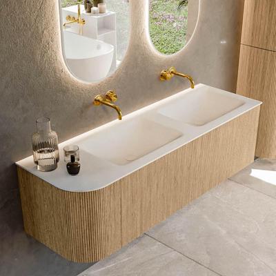 Mondiaz KURVE 145 cm Onderkast Greeploos 1 Lade Met Deuren Oak, Wastafel Solid Surface Rechts Talc 0 Kraangaten Zonder Spiegel (KRVCLO145L1L1D0KD-Oak/Tal)