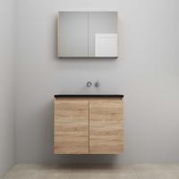 On-Line Badkamermeubelset - 80 cm - Voorgemonteerd - Greeploze Ladestructuur - Acryl Wastafel - zonder Kraangat - Spiegelkast - Eiken - thumbnail