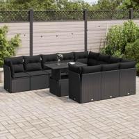 11-delige Loungeset met kussens poly rattan zwart - thumbnail