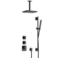 Hotbath Gal - Inbouw Regendoucheset - Geborsteld Gunmetal PVD - 2 Stopkranen - Thermostatisch - Plafondbuis 15 cm - Hoofddouche 220 mm - Staafhanddouche - Glijstang 900 mm - V01 - thumbnail