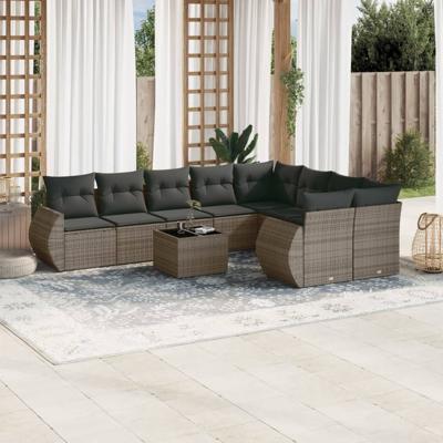 9-delige Loungeset met kussens poly rattan grijs