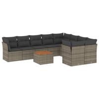 10-delige Loungeset met kussens poly rattan grijs - thumbnail