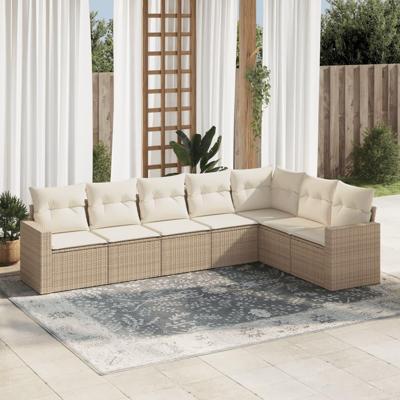7-delige Loungeset met kussens poly rattan beige