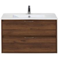 Porto Badmeubelset 90 cm - Walnoot - Keramische Wastafel Wit Slim - thumbnail