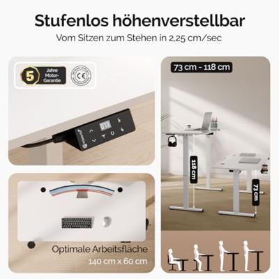 Zit sta Bureau In hoogte verstelbaar wit 140x60x73-118cm Zit sta Bureau In hoogte verstelbaar wit 140x60x73-118cm