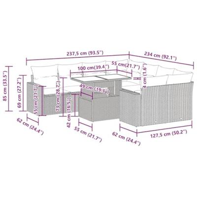 9-delige Loungeset met kussens poly rattan grijs