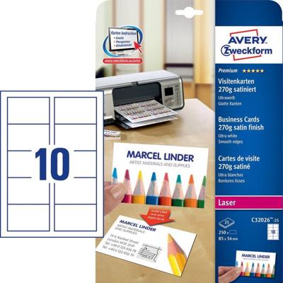 Avery-Zweckform C32026-25 Bedrukbare visitekaarten, gladde kant 85 x 54 mm Ultra-wit 250 stuk(s) Papierformaat: DIN A4 Avery-Zweckform C32026-25 Bedrukbare visitekaarten, gladde kant 85 x 54 mm Ultra-wit 250 stuk(s) Papierformaat: DIN A4