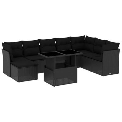 9-delige Loungeset met kussens poly rattan zwart