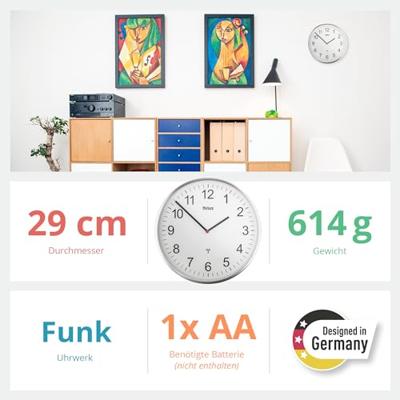 Mebus 19411 Wandklok Zendergestuurd 30 cm Zilver