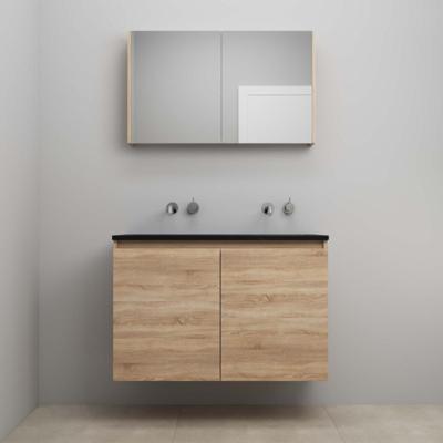 On-Line Badkamermeubelset - 100 cm - Bouwpakket - Greeploze Ladestructuur - Acryl Wastafel - zonder Kraangat - Spiegelkast - Eiken