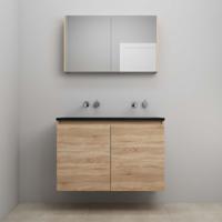 On-Line Badkamermeubelset - 100 cm - Bouwpakket - Greeploze Ladestructuur - Acryl Wastafel - zonder Kraangat - Spiegelkast - Eiken - thumbnail