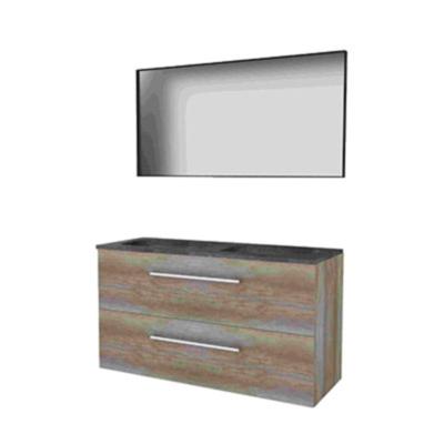 Basic-Line Framed 46 Badkamermeubelset - 120 x 46 cm - Met Grepen - 2 Lades - Hardstenen Wastafel - Zonder Kraangat - Spiegel met Zwart Aluminium Frame - Scotch Oak