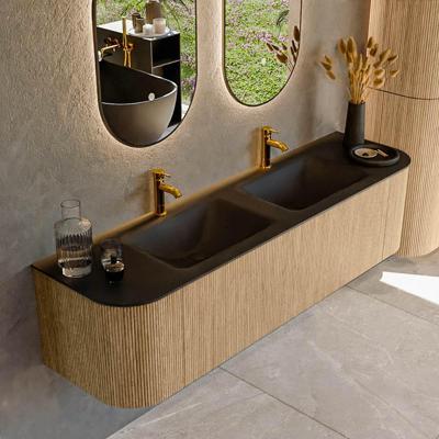 Mondiaz KURVE 170 cm Onderkast Greeploos 1 Lade Met Deuren Oak, Wastafel Solid Surface Dubbel Urban 2 Kraangaten Zonder Spiegel (KRVCLO170L+R1L2D2KD-Oak/Urb)