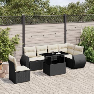 7-delige Loungeset met kussens poly rattan zwart - thumbnail