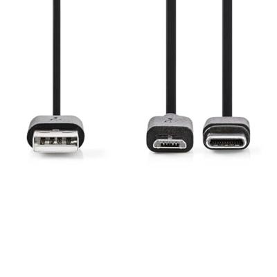 Nedis 2-in-1-Kabel | USB 2.0 | USB-A Male | USB Micro-B Male / USB-C™ Male | 480 Mbps | 1.00 m | Vernikkeld | Rond | PVC | Zwart | Label -